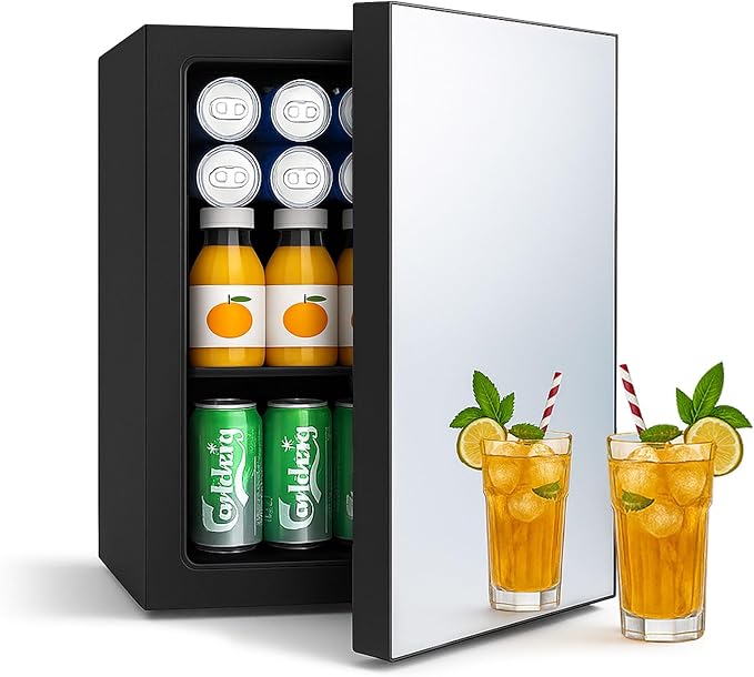 Compact Mini Fridge - 24 Cans/0.9 Cu.Ft Beverage Refrigerator with Mirrored Door & Digital Thermostat, Small Cosmetics Cooler for Skincare, Drinks, Food,Bedroom, Office, Dorm,Black