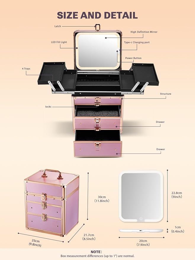 Qislee Makeup Box with Double Drawers and Four Trays, Detachable Lighted Mirror, Waterproof Travel Train Case, Cosmetic Organizer and Makeup Suitcase with Magnetic LED Mirror(Sparkling Gradient Pink)