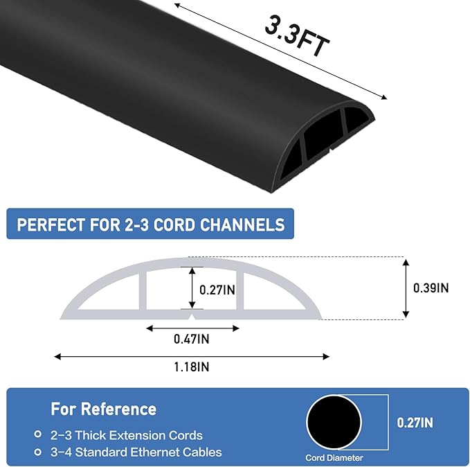 Floor Cord Cover Self Adhesive Cord Hider Floor Extension Cord Covers for Floor Power Cord Protector Cable Management Prevent Cable Trips Cable Cavity 0.47" W x 0.27" H (Black, 3.3Ft)