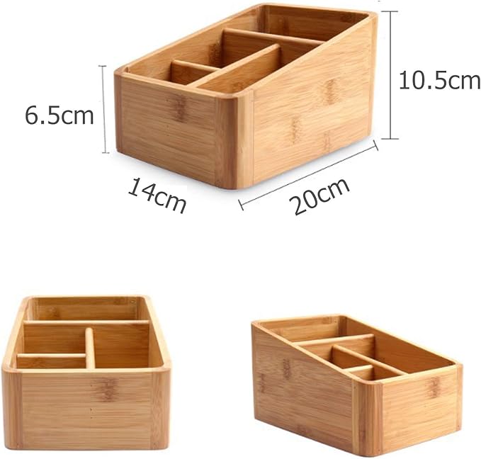 VolksRose Desk Remote Control Holder Multi-Function Coffee Table Office Supplies Storage Organizer, Home Sundries Bamboo Storage Box with 4 Compartments - Perfect for Makeup, TV Guide, iPad, Caddy #3