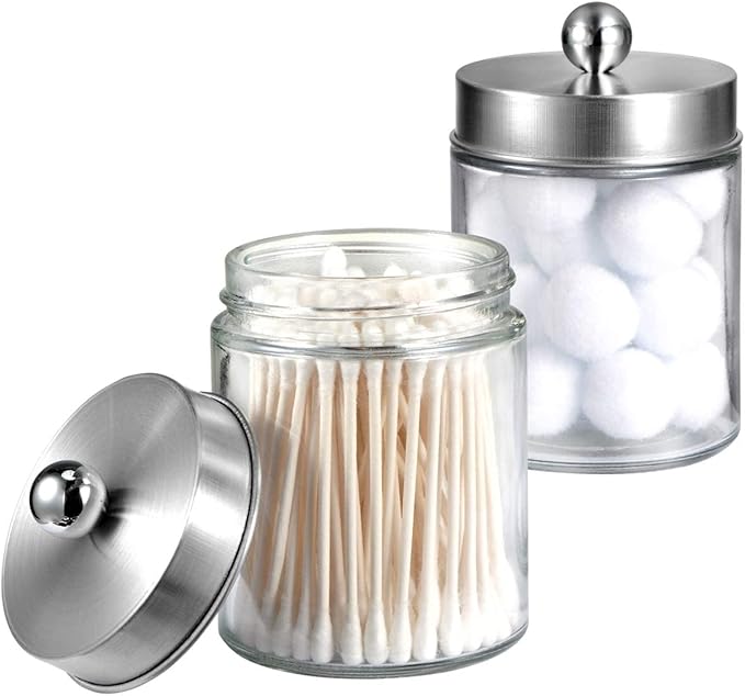 Amolliar 6Pc Apothecary Jars Bathroom Vanity Organizer- Rustic Farmhouse Decor Storage Canister&Stainless Steel Lids- Qtip Dispenser for Q-Tips,Cotton Swabs,Rounds,Ball,Flossers (Brushed Nickel)