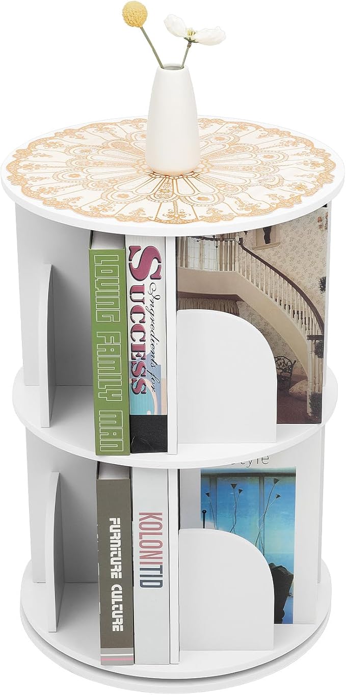 2-Tier Rotating Bookshelf 360° Revolving Bookcase, Floor Standing Bookcase Book Storage Organizer Display Rack, Round Bookshelf with Dividers & Anti-Falling Baffles for Living Room, Study Room