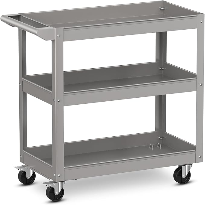 Goplus 3-Layer Service Utility Cart, Heavy Duty Unity Cart with Flat Handle, 2 Lockable Universal Wheel, 400 lbs Capacity, Rolling Tool Cart for Garage, Kitchen, Hotel, Office, Workshop Grey