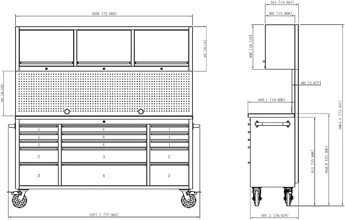 CT Copper Tailor 72-inch Rolling Tool Chest with Integrated Power Strip,15 Drawers and Wheels, Garage Workbench with Storage, 3 Upper Cabinets, Pegboard in Matte Black