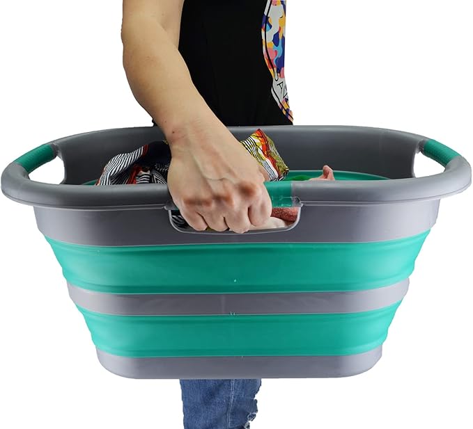 SAMMART 30L (7.9 gallon) Collapsible Plastic Laundry Basket - Foldable Pop Up Storage Container/Organizer - Portable Washing Tub - Space Saving Hamper/Basket (1, Dark Grey/Bluish-Green)