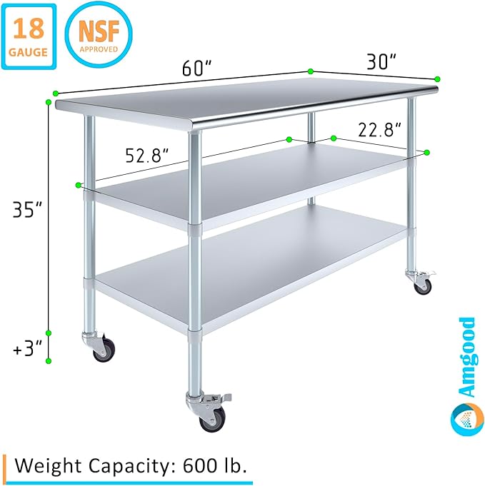 AmGood Stainless Steel Work Table with 2 Shelves and Casters | Metal Utility Table On Wheels (Stainless Steel Work Table with 2 Shelves + Casters, 60" Long x 30" Deep)