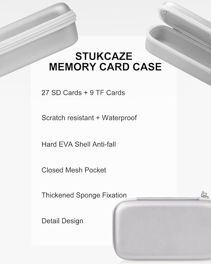 Stukkaze Memory Card Case - Water-Resistant & Anti-Shock 36 Slot Holder, 27 Micro SD & 9 SD/SDHC/SDXC Cards Organizer for Camera - Silver