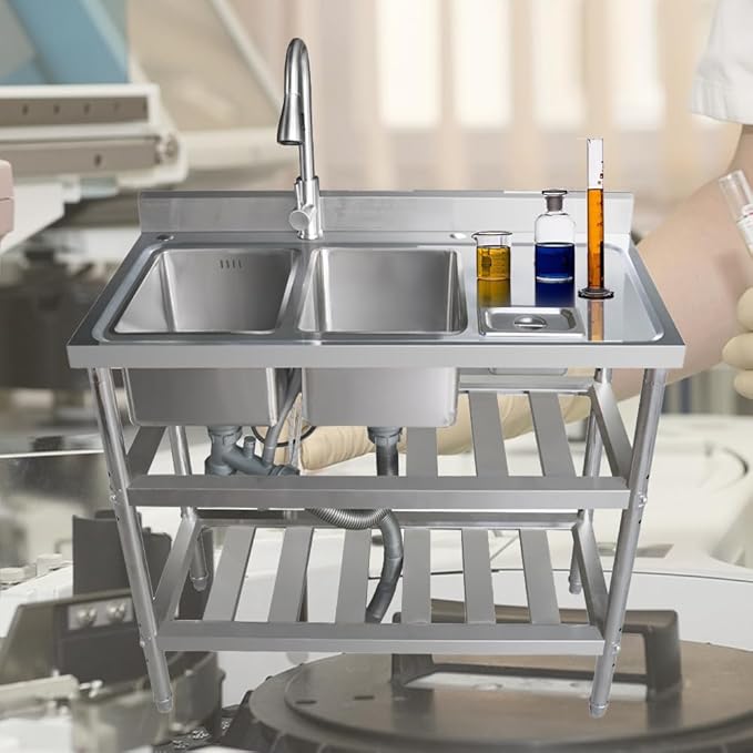 Qian Kun Free Standing 304 Stainless Steel Utility Sink with Pull Down Sprayer & Drain Pipe | NSF Certified Outdoor/Commercial Kitchen Sink (47.2 Doble Bowl Right)