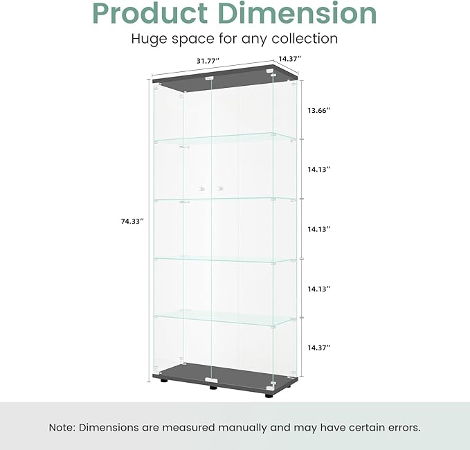 Beauty4U Glass Display Cabinet with 5 Shelves Double Door, Curio Cabinets for Living Room, Bedroom, Office, Black Floor Standing Glass Bookshelf, Quick Installation