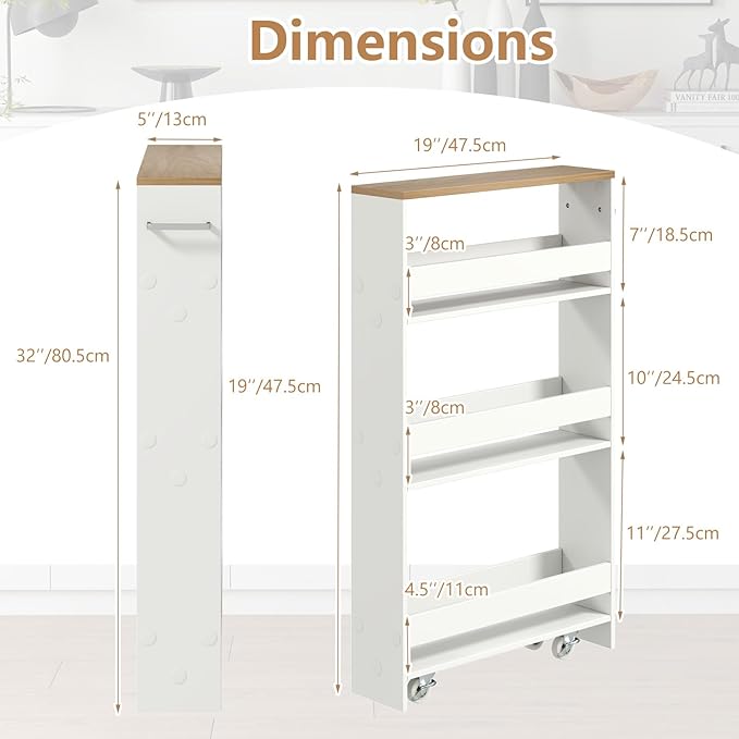 Slim Rolling Storage Cart, 4 Tier Narrow Kitchen Cart with Wheels, Between Washer and Dryer Cart, Wood Shelving Unit Organizer w/Handle for Small Spaces (White & Natural, 5-Inch)