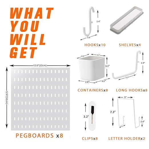 Peg Board Combination Kit, 8 Pegboards with 40 Accessories, Pegboard Wall Organizer for Office, Nursery & Home Storage, Key Holder, 51.2"x25.6" – Nail-Free Installation（White）