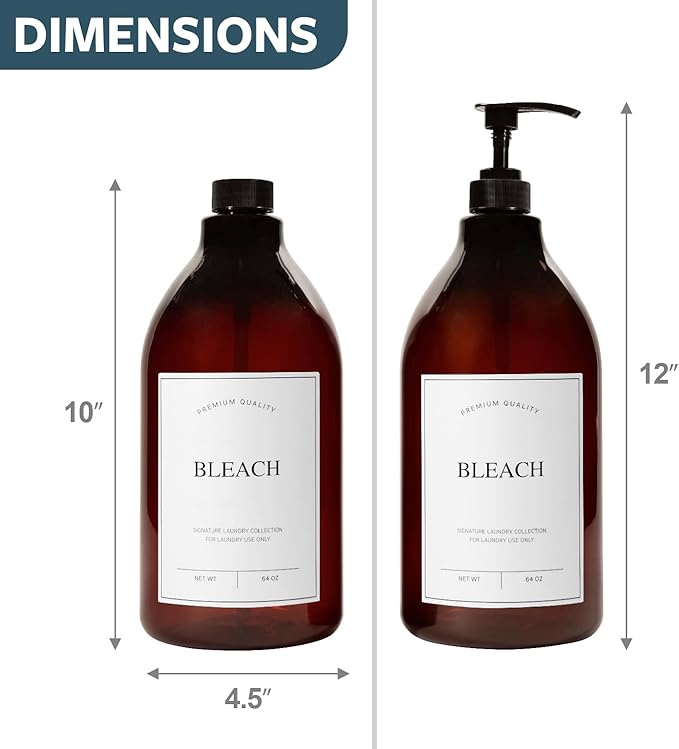 Calindiana Modern Farmhouse Bleach Liquid Laundry Detergent Dispenser for Laundry Room Decor and Organization, PET Plastic Landry Soap Containers with Water Resistant Label, Amber 64oz