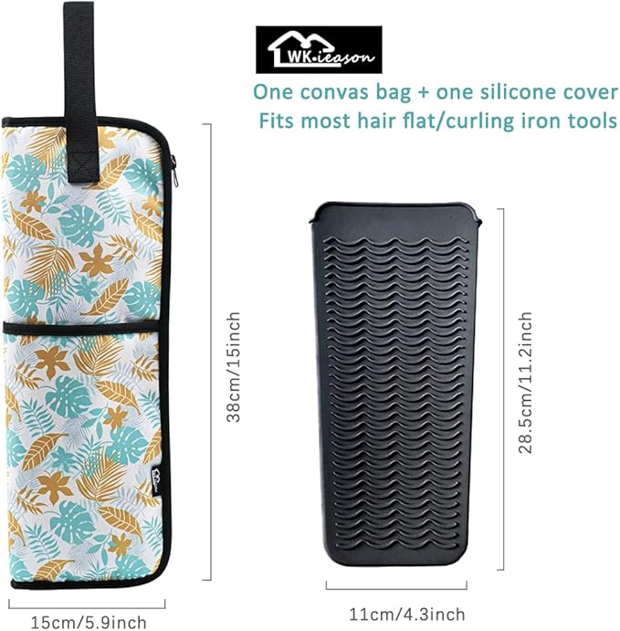 2 Pieces Hair Flat Iron Case Holder Canvas Bag Heat Resistant Curling Iron Silicone Straightener Holder Mat for Hair Tools Curling Iron Organizer Bag (Black check)