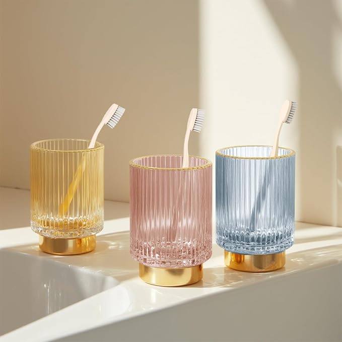 Makeup Brush holder Organizer, Crystal Glass Toothbrush Holders, Striped Make Up Brush Holder for Vanity, Pen Holder for Desk, Vase -Green (S+L)