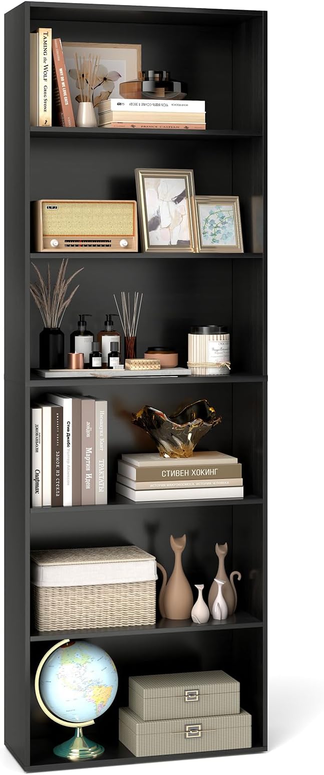Tangkula 6-Tier Bookcase, 70” Tall Freestanding Bookshelf with 6 Open Shelves, Anti-Toppling Kits, Floor Display Storage Organizer for Living Room, Study, Kitchen, Home & Office (Black, 70" H)
