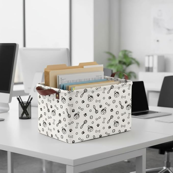 Dog Paw Storage Basket Waterproof Canvas Toy Storage Bin Storage Organizer Collapsible Outdoor Basket with Leather Handles Dog Toy Bin Blanket Baskets For Closets,Bedrooms,Gifts Baskets