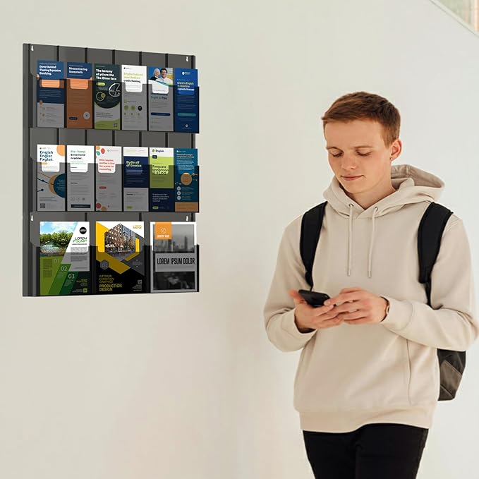 Acrylic Brochure Pamphlet Holder, 3 Magazine Holders and 12 Pamphlet Holders, Black Display Rack Wall Mount, Trifold Flyer Holder, Literature Storage Rack for Home, Offices, Waiting Room