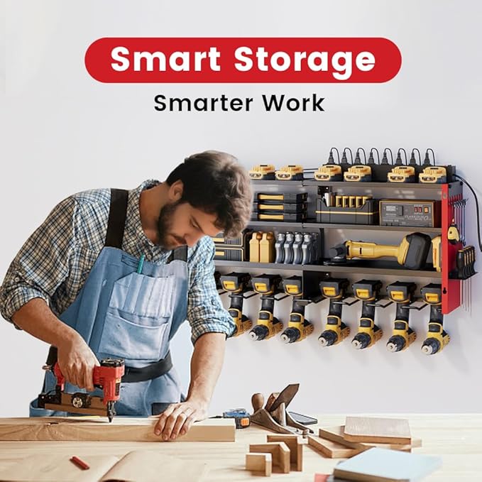 4 Layers Power Tool Organizer Wall Mount with Power Strip, Heavy Duty Metal Tool Shelf, 400lbs Capacity for Cordless Drills, Batteries & Garage Storage (8 Slots with 8 Outlets Power Strip)