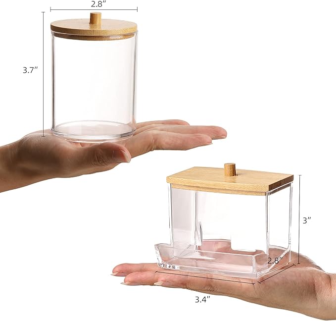 Tbestmax 4 Pack Qtip Holder Bathroom Container, 10/7oz Cotton Ball/Swabs Dispenser, Apothecary Jar with Bamboo Lids for Organizer and Storage (Beige)