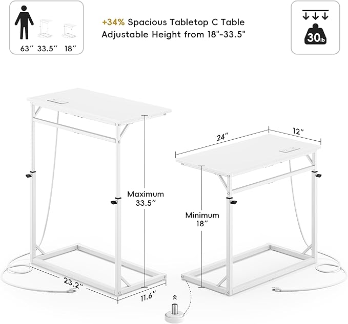Vagusicc C Shaped End Table with Charging Station, C-Table End Table Adjustable Height Side Table for Couch, Large Couch Table, Slide Under Sofa Table TV Tray Arm Table for Living Room, Bedroom, White