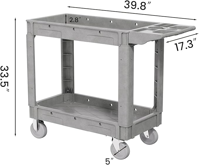 2 Tier Plastic Rolling Utility Cart on Wheels, Heavy Duty Tool Cart with Deep Shelves and 360° Swivel Wheels Holds up to 550 lbs, Service Cart for Garage, Warehouse, Cleaning (Grey-M)