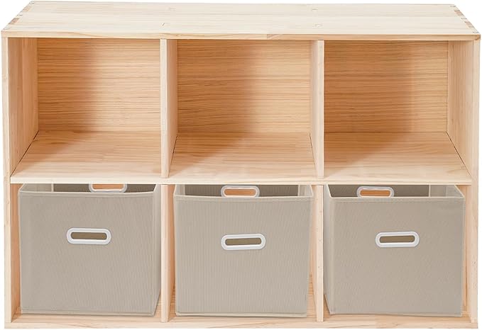 Wooden Cube Shelf Bookcase,Solid Wood Shelves with 6 Compartments and 3 Fabric Baskets,Open Bookcase Cube Shelf Storage Organizer for Bedroom, Living Room, Office, Study Room
