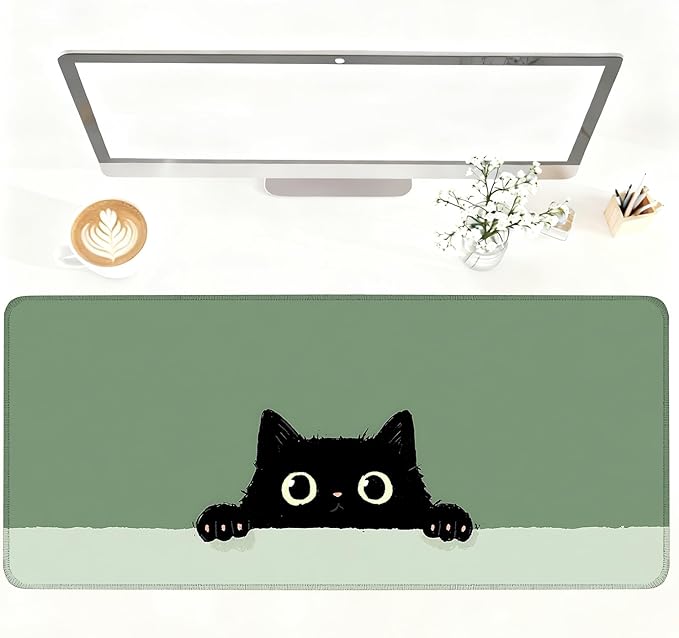 Cute Black Cat Large Mouse Pad – Extended Desk Mat 35.43 x 15.75 in – Kawaii Kitty Peeking Over Edge, Green Background, Non-Slip Rubber Base, Waterproof Keyboard & Mouse Pad for Office or Gaming