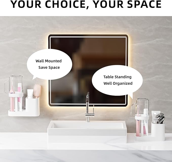 Toothbrush Holder with Cup/Cover Contains 2 Slots, Bathroom Counter Organizer for Electric Toothbrush, Toothpaste, Razors & Small Comb, Tooth Paste Holder for Home Hotel Countertop, White