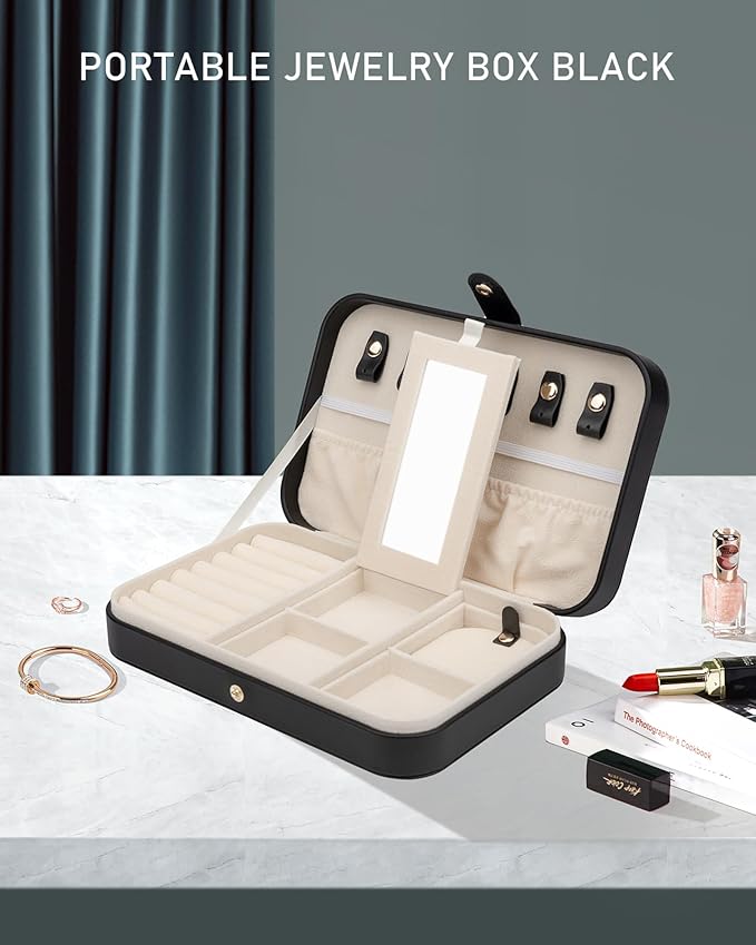 Small Jewelry Box, Travel Jewelry Case Portable Jewelry Boxes for Women, 2-Layer Mini Jewelry Travel Organizer, Gift for Women Girls, Black A