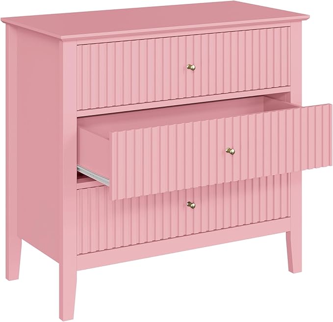 RoyalCraft Fluted 32 inch Wide Nightstand Set of 2, Large Pink Nightstand with 3 Drawer, Modern End Table, Wood Beside Table for Home and Office
