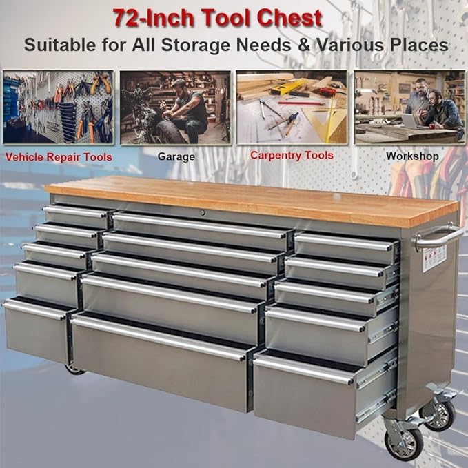 72" Stainless Steel Rolling Tool Chest with 15 Drawers, Lockable Storage Cabinet, Mobile Workbench, Assembled Large Tool Box with Wheels for Garage Workshop (1 × HTC7215W1)