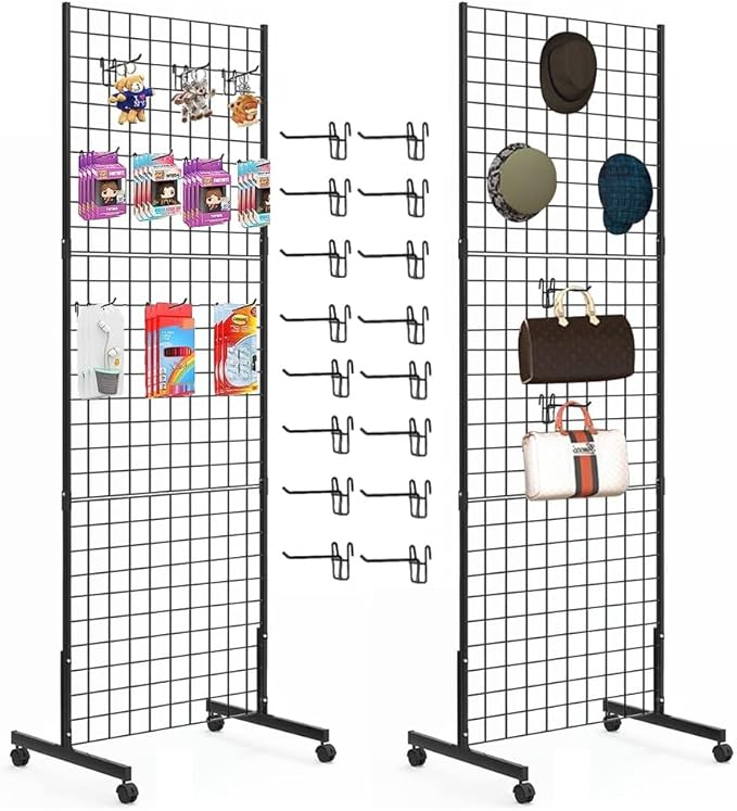 Eastern Tree 2 Packs 2'x 5' Six Pieces Gridwall Panels Stand with T-Base, Black Wire Grid Wall Display Racks with Wheels, Craft Show Display Rack, Retail Display, Extra More 16 Pieces Hooks