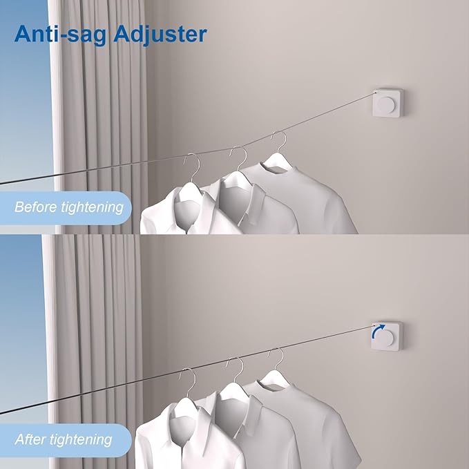 Suntree Retractable Clothesline in White - 16.4ft No-Sag Stainless Steel Cable, 5 Clips, 2 Installation Kits (No Drill/Drill), 44lb Heavy Duty Wall Mount Indoor Outdoor Laundry Drying Rack