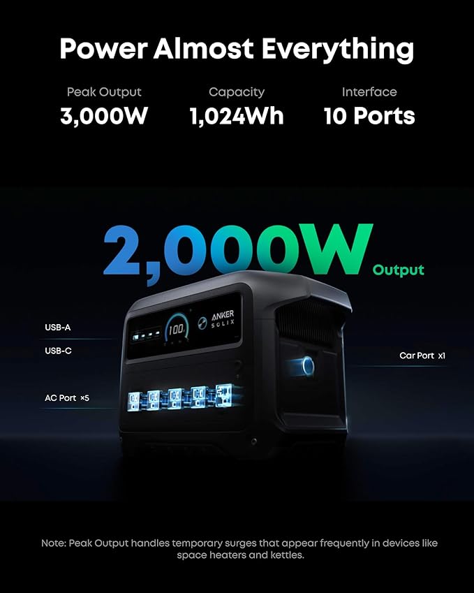 Anker SOLIX C1000 Gen 2 Portable Power Station with 200W Bifacial Solar Panel, 2,000W (Peak 3,000W) Solar Generator, Full Charge in 49 Min, 1,024Wh LiFePO4 Battery