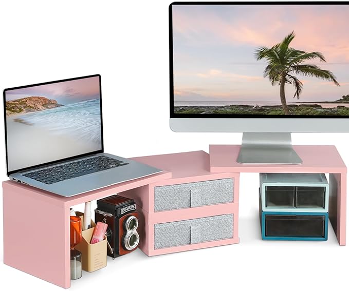 TEAMIX Pink Dual Monitor Stand Riser with 2 Drawers - Length and Angle Adjustable Double Corner Desk Shelf Organizer 37 inch for 2 Laptop/PC/Screen/TV (2 Drawers - 8''H)