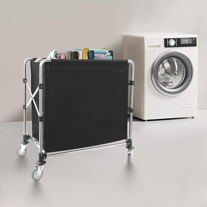 Commercial Laundry Cart with Wheels,Folding Laundry Hamper Cart,Heavy Duty Rolling Laundry Basket with Large Capacity,Laundry Sorter Trolley for Home Hotel Apartment (Black, 34.25 * 19.7 * 36.22in)