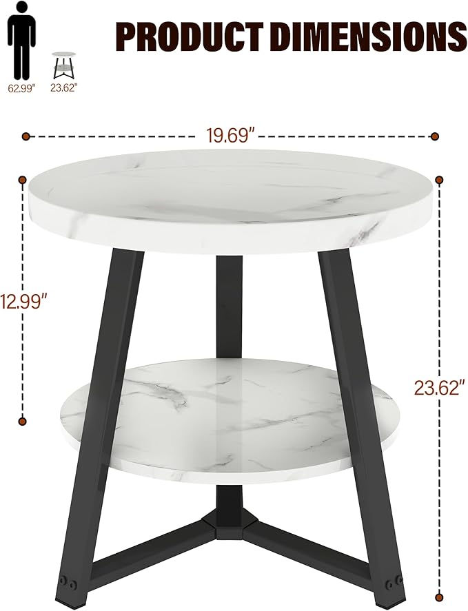 Small Round End Table, 2-Tier Side Table with Storage, Small Round Coffee Table for Living Room, 20'' Living Room Furniture with Sturdy Steel Frame (White Marble)