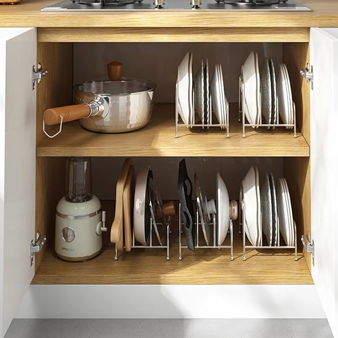 Uonlytech Multipurpose Silver Kitchen Pot Lid Holder Rack with Compartments for Organizing Pan Covers Plates and Cutting Boards Convenient Hygienic Storage Stand for Countertop and Cabinet