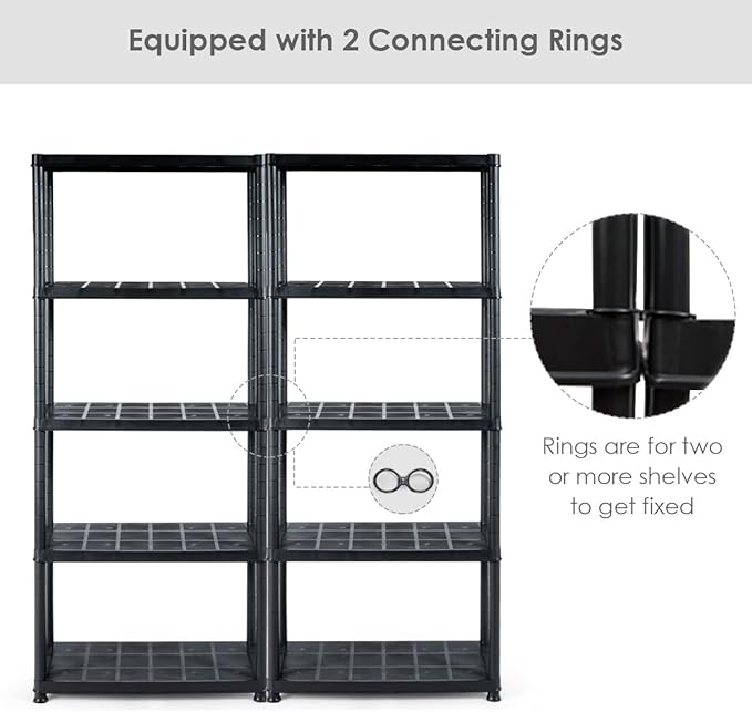 IRONMAX 5-Tier Plastic Shelving Unit, Multi-Purpose Shelf Rack, No Tools Required, Free Standing Storage Shelves for Garage Basement Kitchen, Black (2, 33.5“L X 16”W X 73“H)