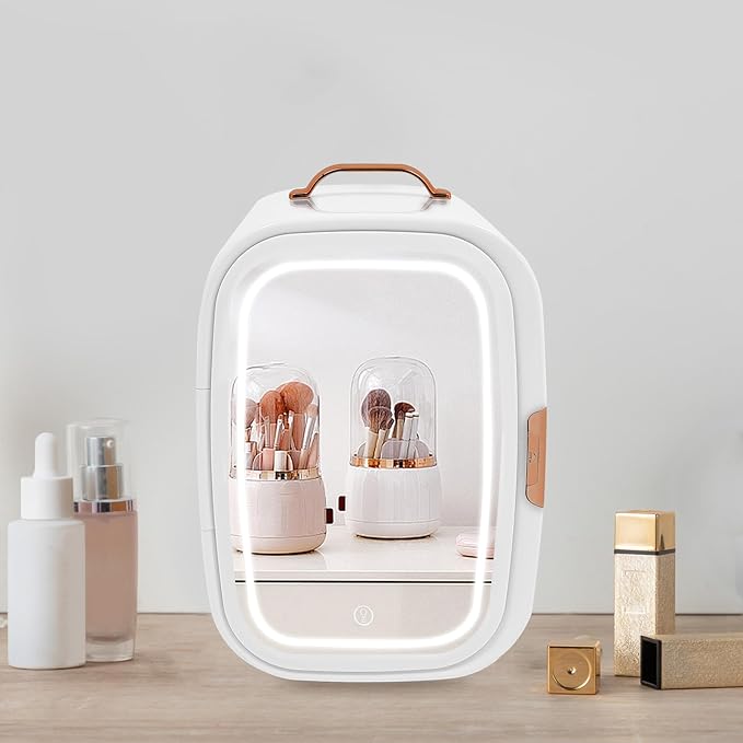 Mini Skincare Fridge,12L Makeup Cosmetics Refrigerator Beauty Fridge for Cosmetic Storage Skincare Fridge Portable Small Refrigerator for Cosmetics, Skin Care (White, W/LED Light Mirror)