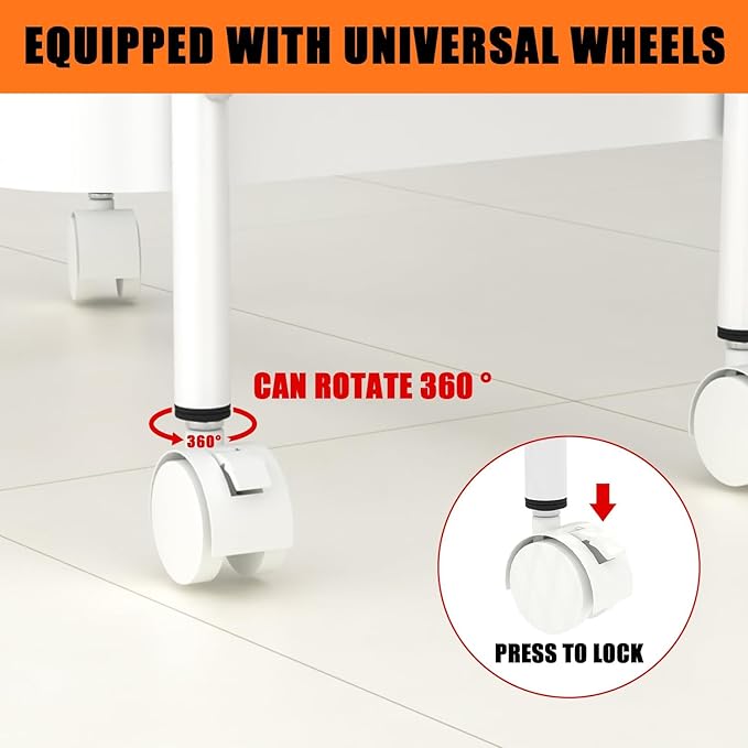3-Tier Metal Utility Rolling Cart, Multi-Functional Storage Trolley for Office, Living Room, Kitchen, Movable Storage Organizer with Wheels, White