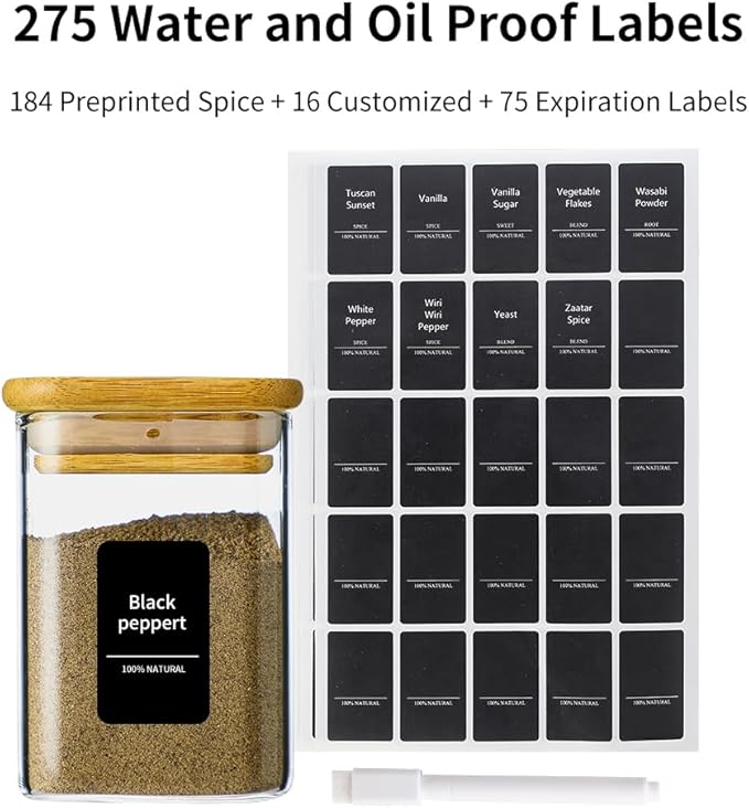 10Pcs 7oz Spice Jars Glass Container with 275 Labels, Airtight Seasoning Empty Organizer with Bamboo Lid Set for Pepper, Salt, Sugar