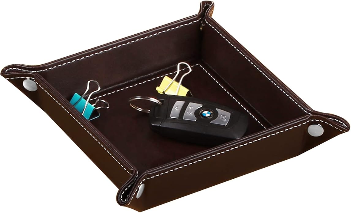 YAPISHI Key Dish Bowl for Men, Entryway Catchall Holder Bedside Table Valet Tray for Pocket Stuff, PU Leather Nightstand Organizer for Dice/Coins/Wallet/Watch/Rings/Sunglasses, Dresser/Coffee Table