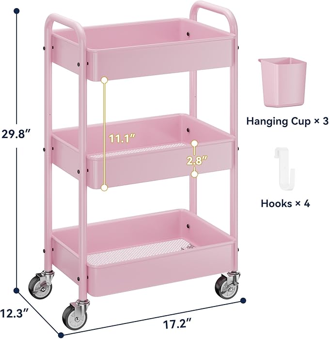 YASONIC 3-Tier Metal Rolling Cart, Heavy Duty Utility Cart with Lockable Wheels, Hanging Cups, Hooks, Mesh Rolling Storage Cart Craft Organizer, Lightweight and Sturdy, Pink