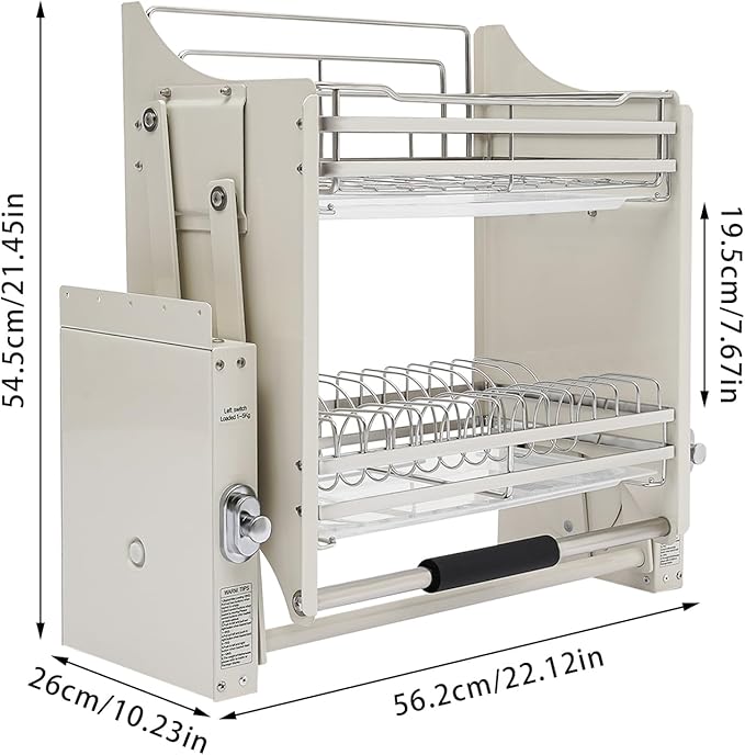 DYRABREST Pull Down Cabinet Organizer, Stainless Steel 2-Tier Pull-Out Kitchen Cabinet Storage Shelf with Buffered Motion, Heavy Duty Lift System for Plates Spices Dishes
