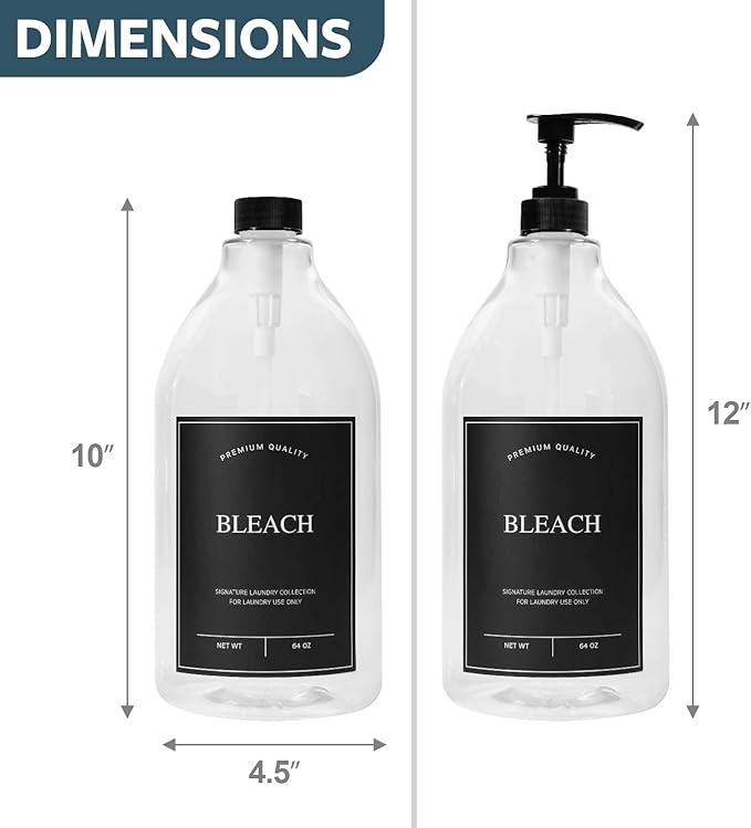 Calindiana Modern Farmhouse Bleach Liquid Laundry Detergent Dispenser for Laundry Room Decor and Organization, PET Plastic Landry Soap Containers with Water Resistant Label, Clear 64oz