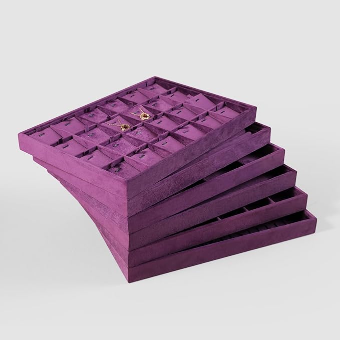 Velvet Jewelry Display Tray For Bracelet Pendant Necklace, Multi-Slot Stackable Storage Tray For Long Chain Jewelries, Drawer Insert Jewelry Organizer (Purple)