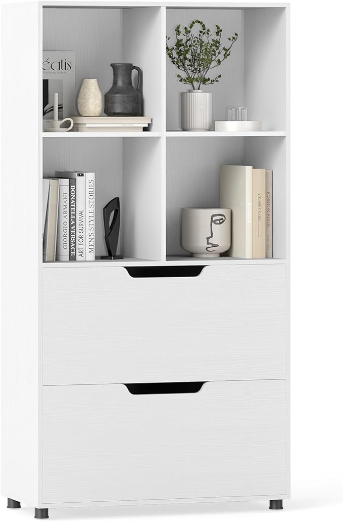 GOFLAME 4-Tier Bookcase with 2 Drawers, 51” Tall Bookshelf with 4-Cube Open Shelf, Wood, Modern, Freestanding Display Storage Organizer Shelf for Living Room, Home Office (1,White)