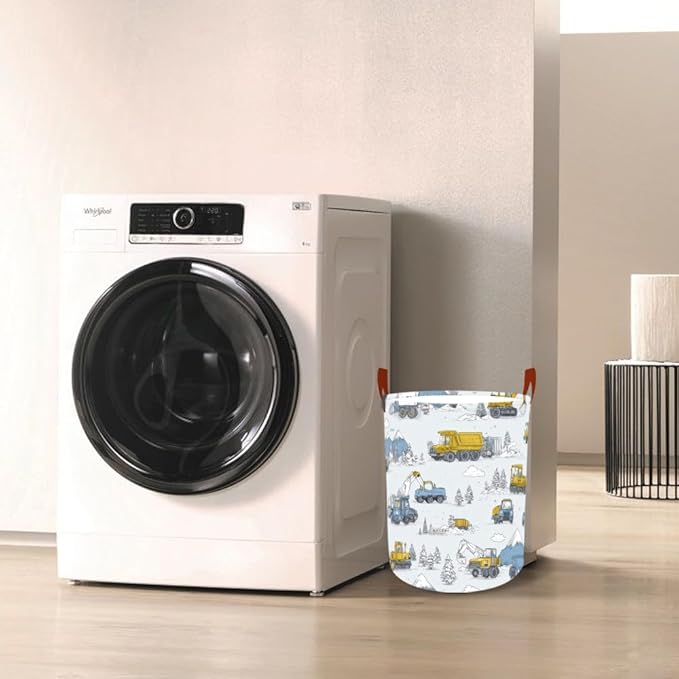 Laundry Baskets 15.7x19.7 Inch Construction Truck Mountain Scene Design Collapsible Laundry Hamper with Handles Oxford Fabric Clothes Storage Bin Foldable Dirty Clothes for Bedroom Bathroom Dorm