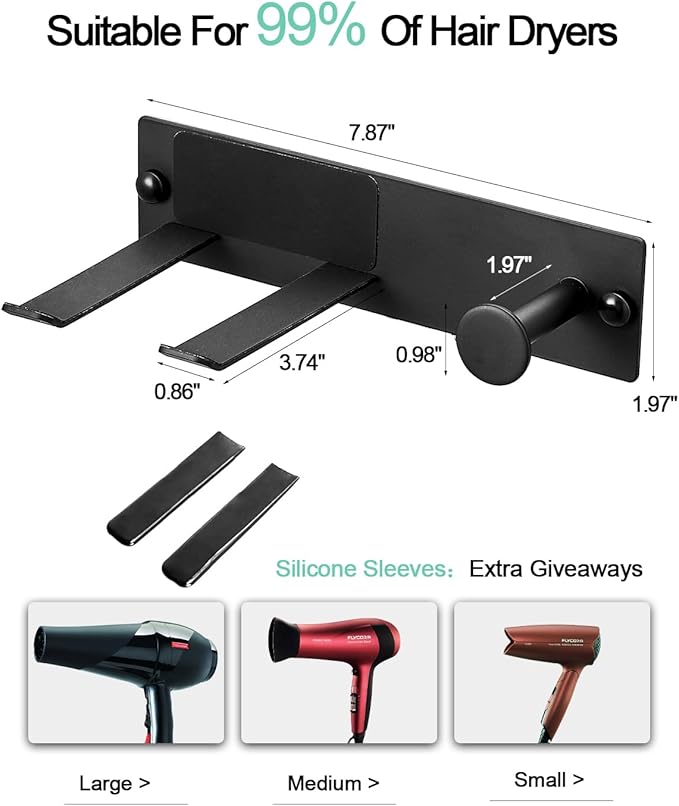 Hair Dryer Holder Wall Mount Matte Black Hair Dryer Holder for Bathroom Cabinet SUS 304 Stainless Steel Blow Dryer Holder Compatible with Dyson Hair Dryers
